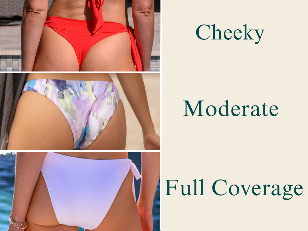 Comparison of cheeky, moderate, and full coverage bikini bottoms.