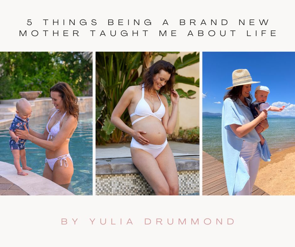 Motherhood moments in white Voda Swim bikini.