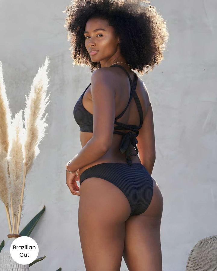 Rib Texture Sporty Scoop Bikini Bottom and Brazilian Cut