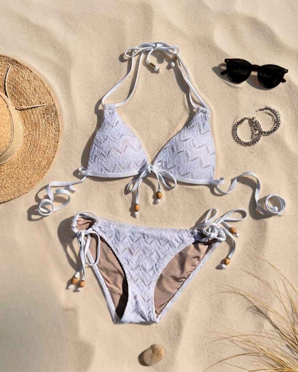 Crochet Side Tie Swim Bottoms with Bead Detail