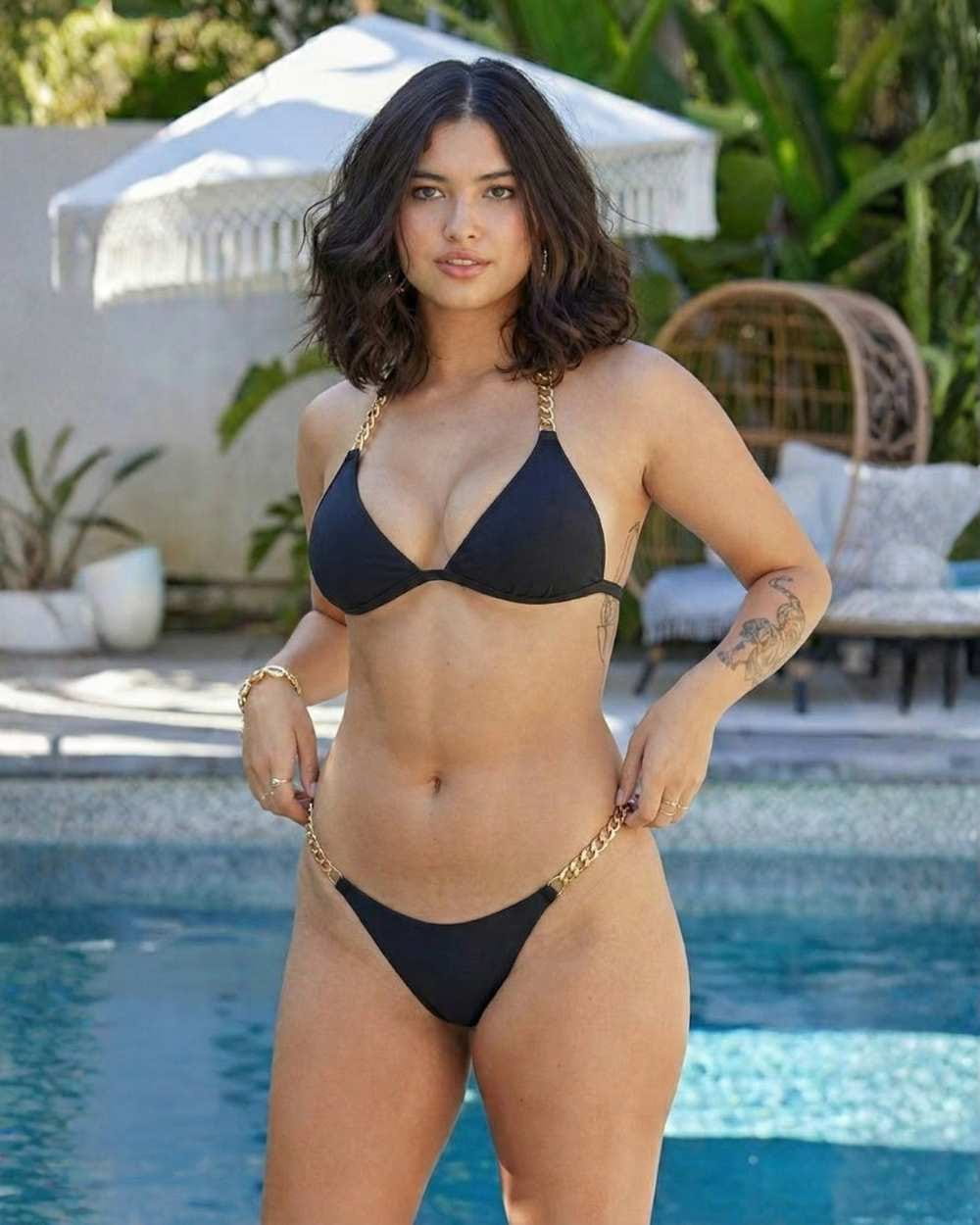 Chain Detail Ruched Back Scoop Swimsuit Bottom and Cheeky